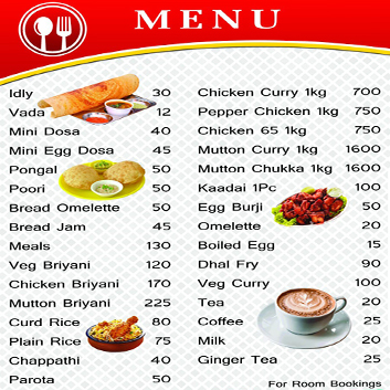 menu at kodaikanal